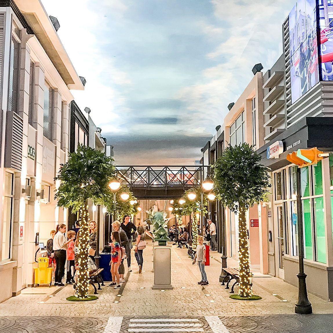 a pedestrian street filled with shops